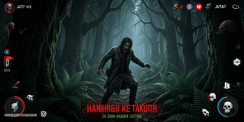 Tampilan interaktif dalam suasana hutan yang menyeramkan.